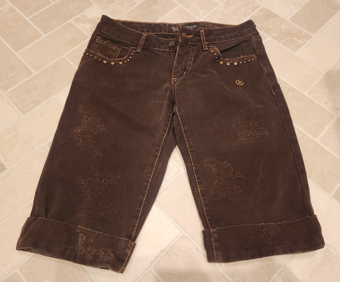 Meme Denim Destressed Cropped Jeans Capri Bridge Italy 42 Brown Chocolate