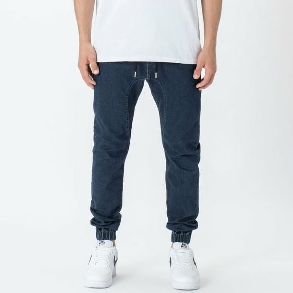 Zanerobe SURESHOT Faded Drawstring Skinny Leg Denim Jogger Deep Blue Mens