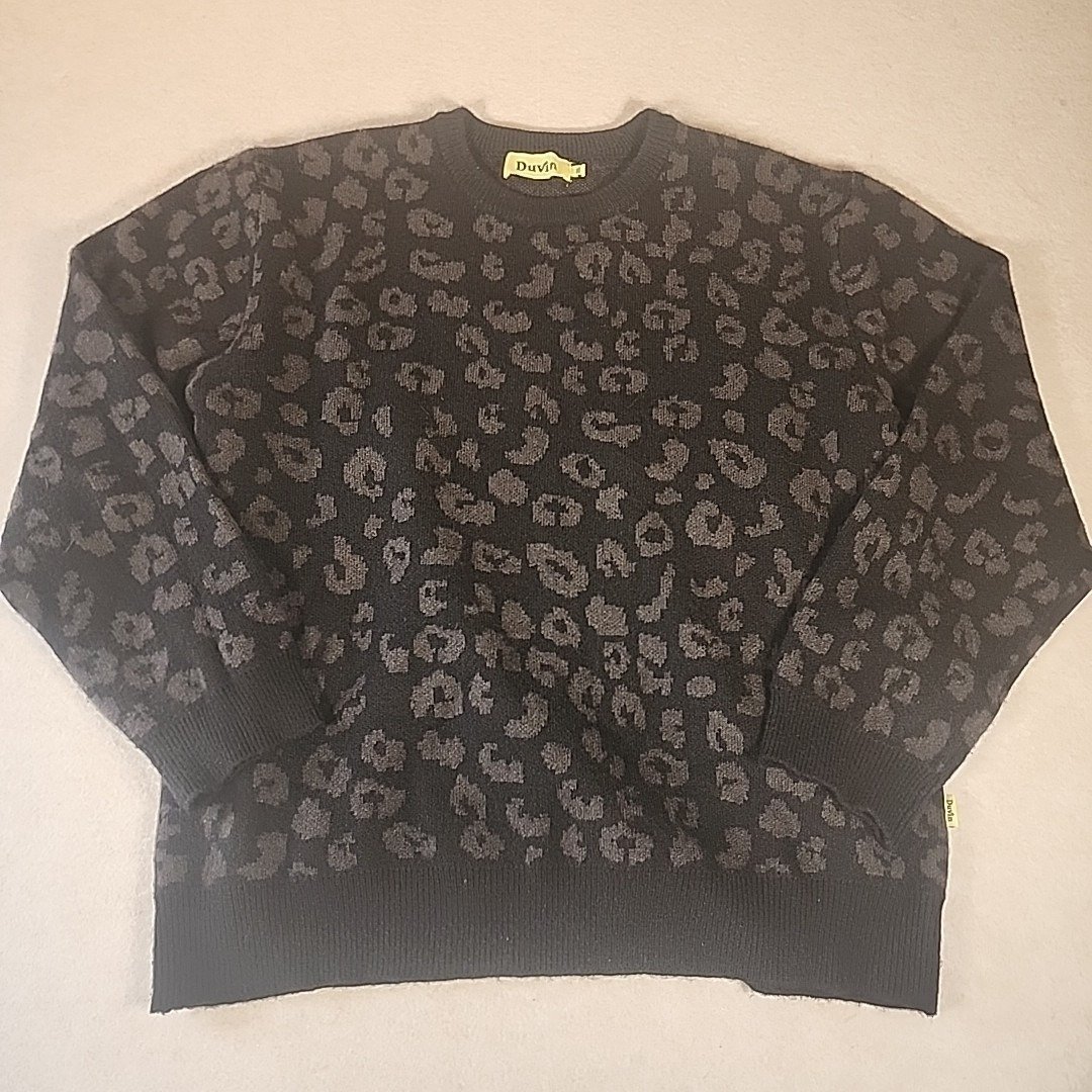 Duvin Dark Gray Black Leopard Cheetah Animal Print Sweater 2XL Pullover Crewneck