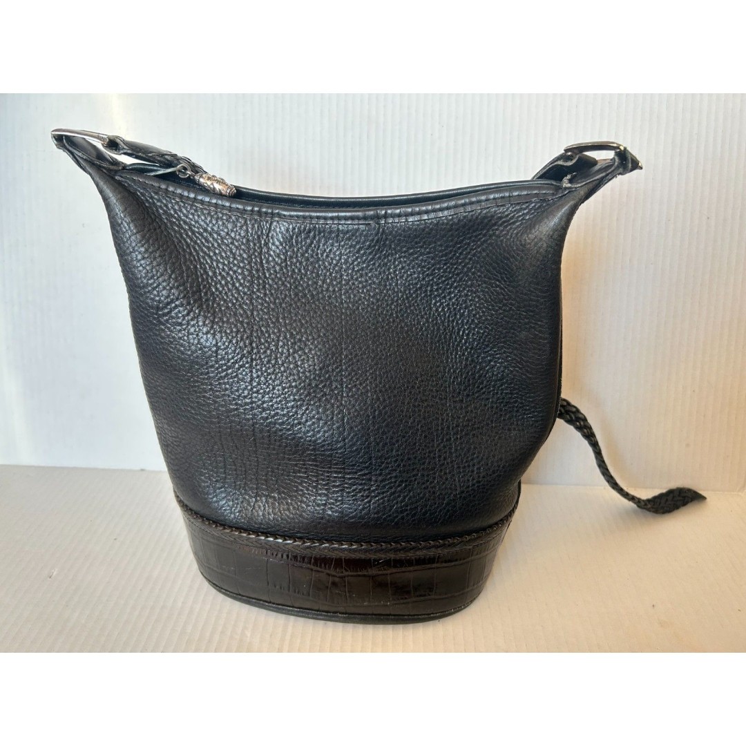 Brighton Vintage Pebbled Leather Bucket Shoulder Bag Purse Black Embossed Large