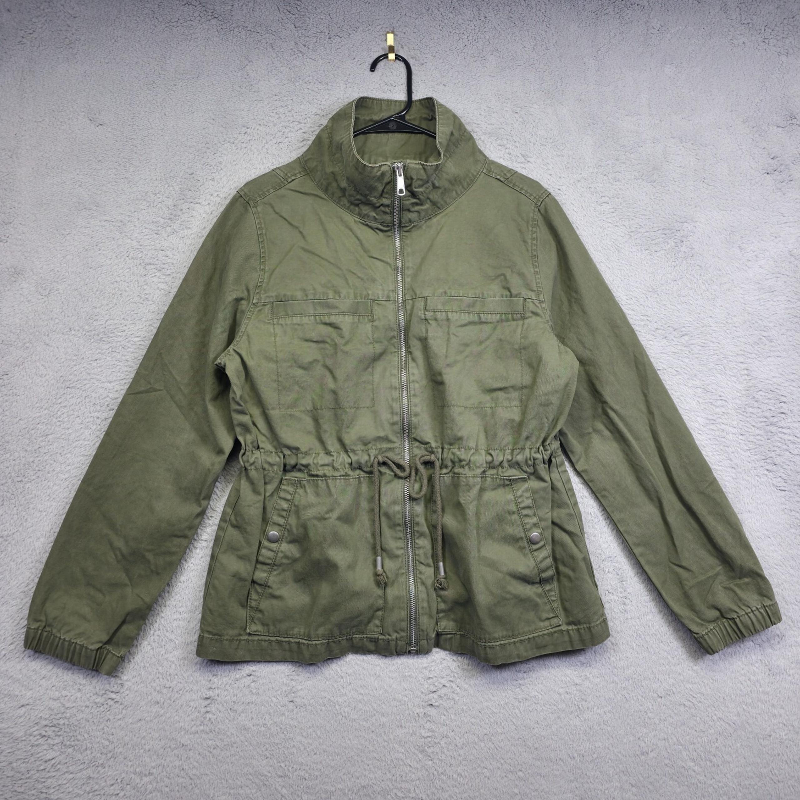 Old Navy Field Jacket Women L Green Funnel Neck Waist Tie Military Utility Twill
