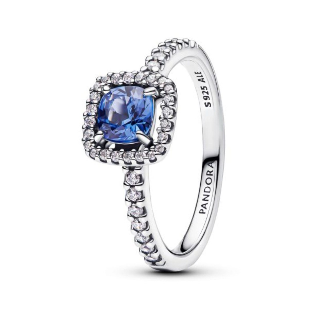 Sparkling Square Blue Halo Pave Ring S925 Sterling Silver Cushion Cut Pave Band
