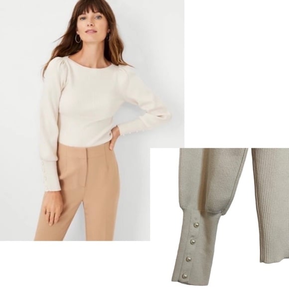 ANN TAYLOR NWT Ivory Pearlized Button Cuff Balloon Sleeve Sweater SP