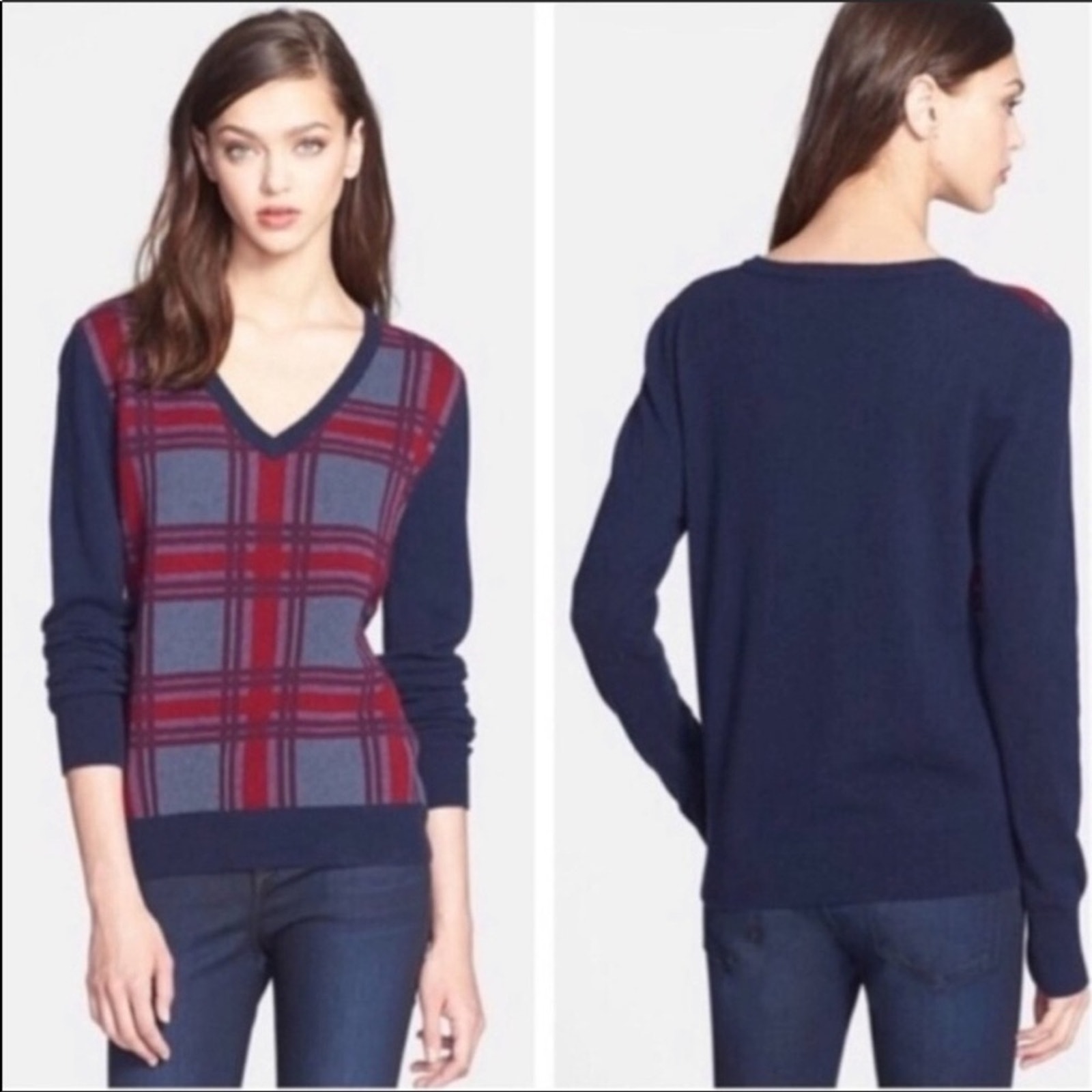 Equipment Womens wool navy maroon plaid sweater size S/P