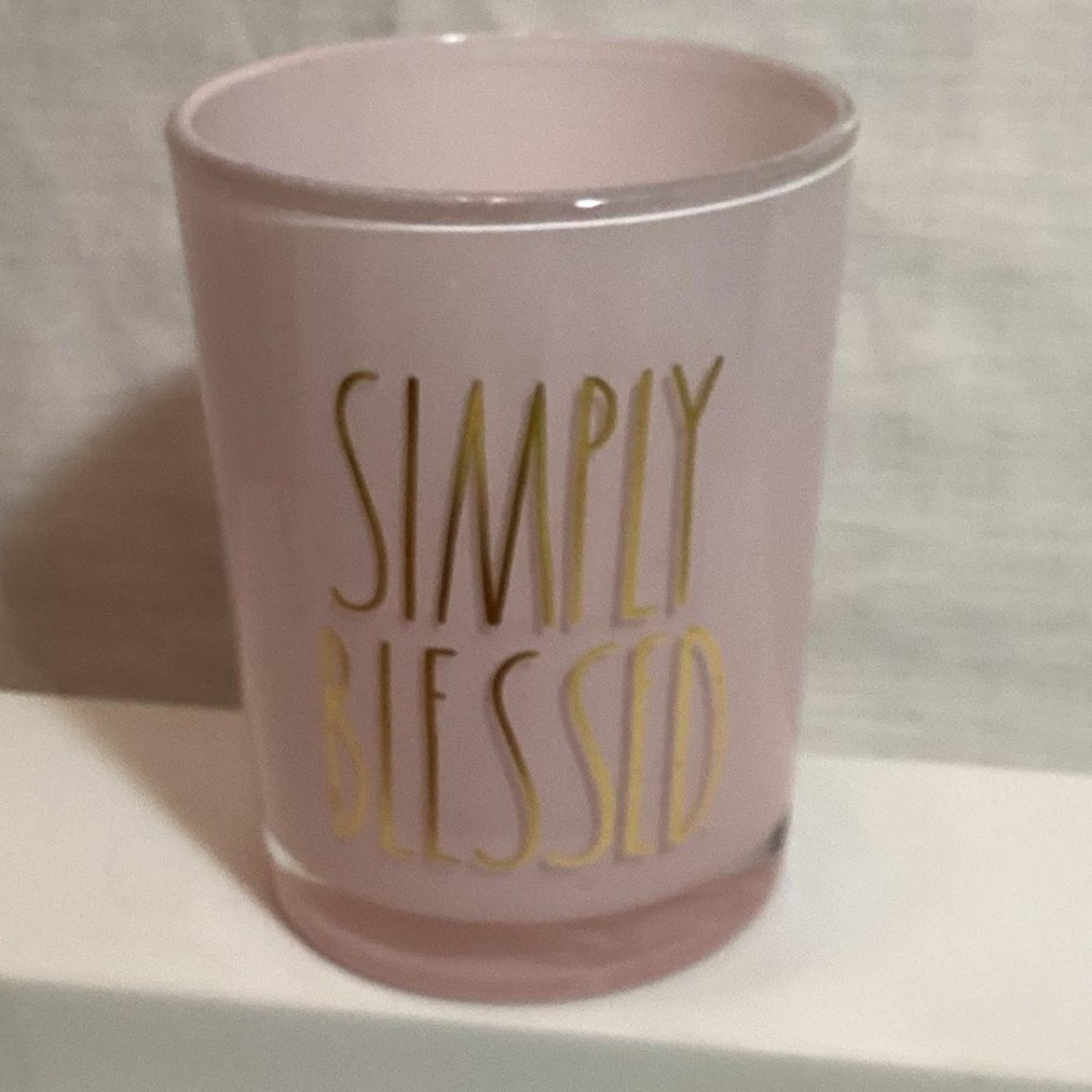 Rae Dunn Simply Blessed Pink Glass Candle Holder with Gold Text