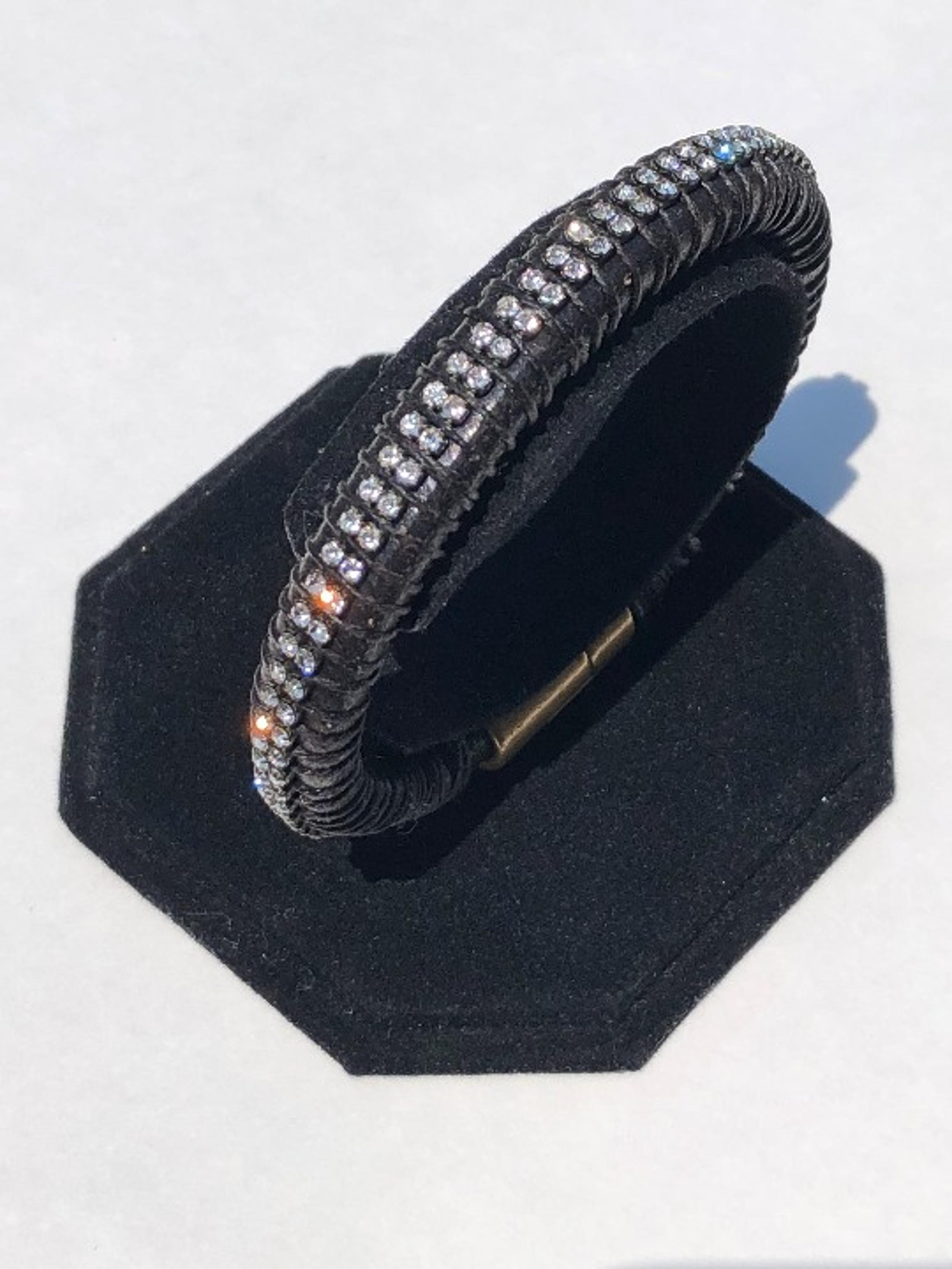 Custom Black Leather Rhinestone Bangle