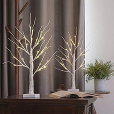 2 Birch Trees (2ft Tall) & 24 LED Lights (Timer Tabletop Bonsai Night Christmas
