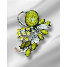 Vintage Green Speckled Art Glass Rhinestone Pin Brooch Silver tone VTG Estate
