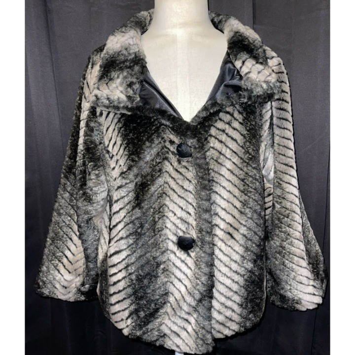 VIA SPIGA Vintage Faux Fur Grey Black Ombre Coat Petite Large SOFT Mid Length