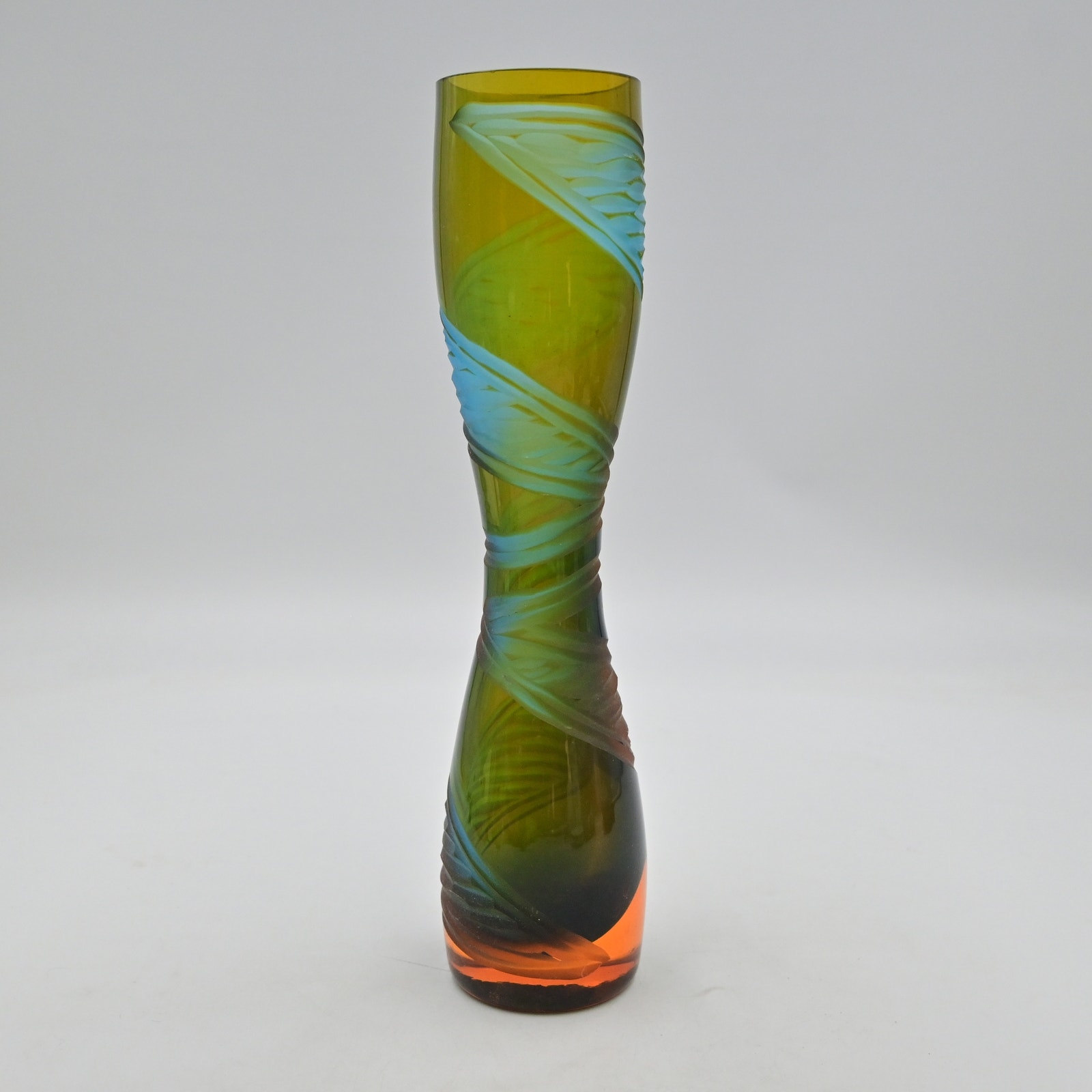 Murano Style Art Glass Hourglass Shape Vase MCM Turquoise Swirls Amber Retro