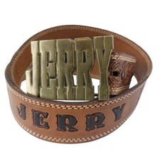 Jerry Western Personalized Tooled Leather Brown Belt Brass Buckle Size 40