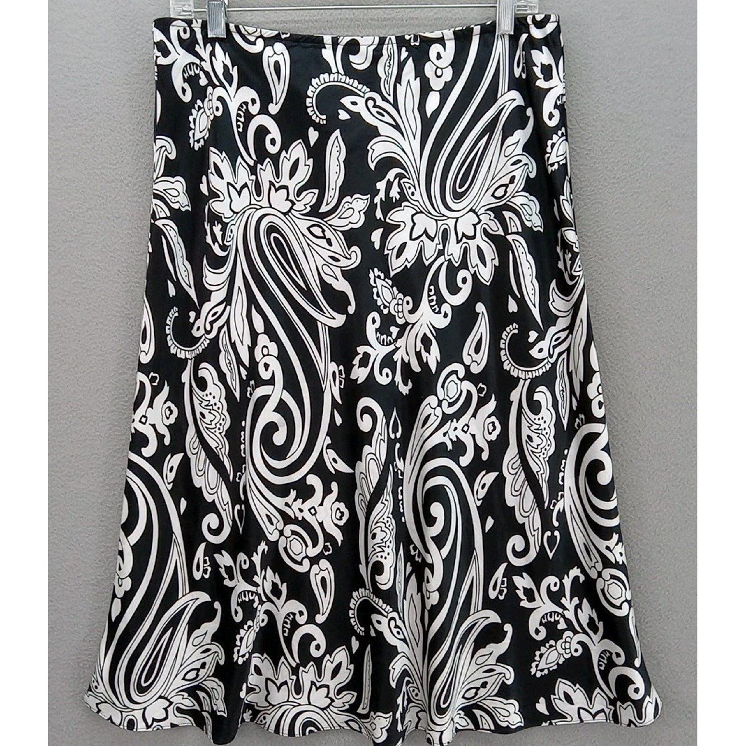New York & Co. Women's 100% Silk A-Line Skirt Sz L Black & White Swirl Citycore