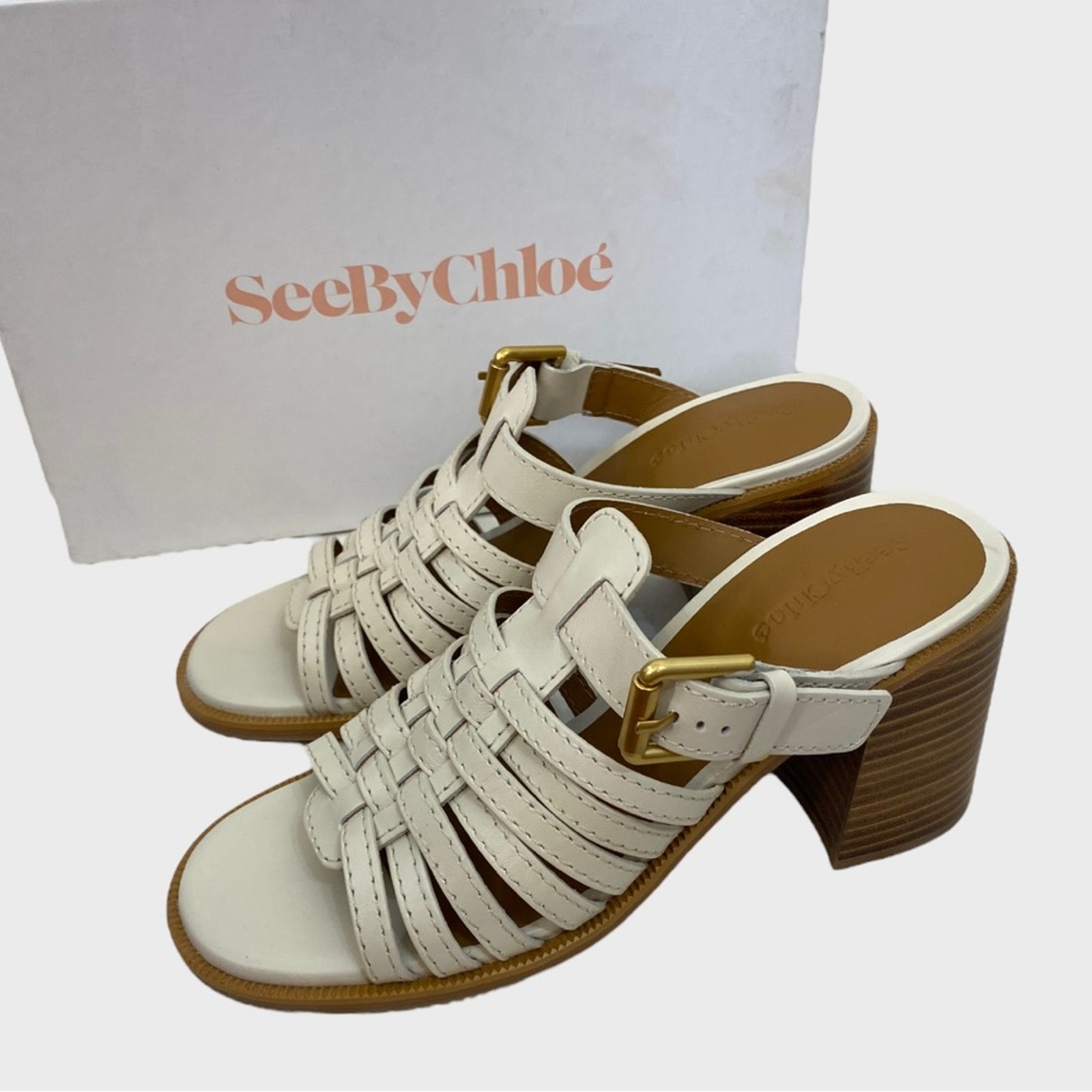 See by Chloe Cream Leather Caged Clia Mule Sandals NEW in Box Size 38