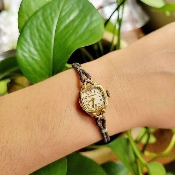 Vintage 12K GF Art Deco Westfield Dainty Classic Gold & Black Cord Watch