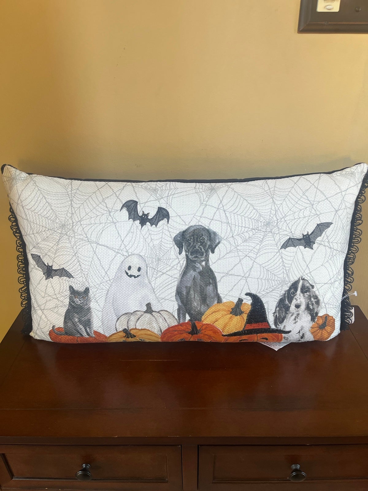 Pumpkin Patch- Bats, Cat, Ghost, Cute Dogs Embroidered Pillow-14 x 24 -NWT