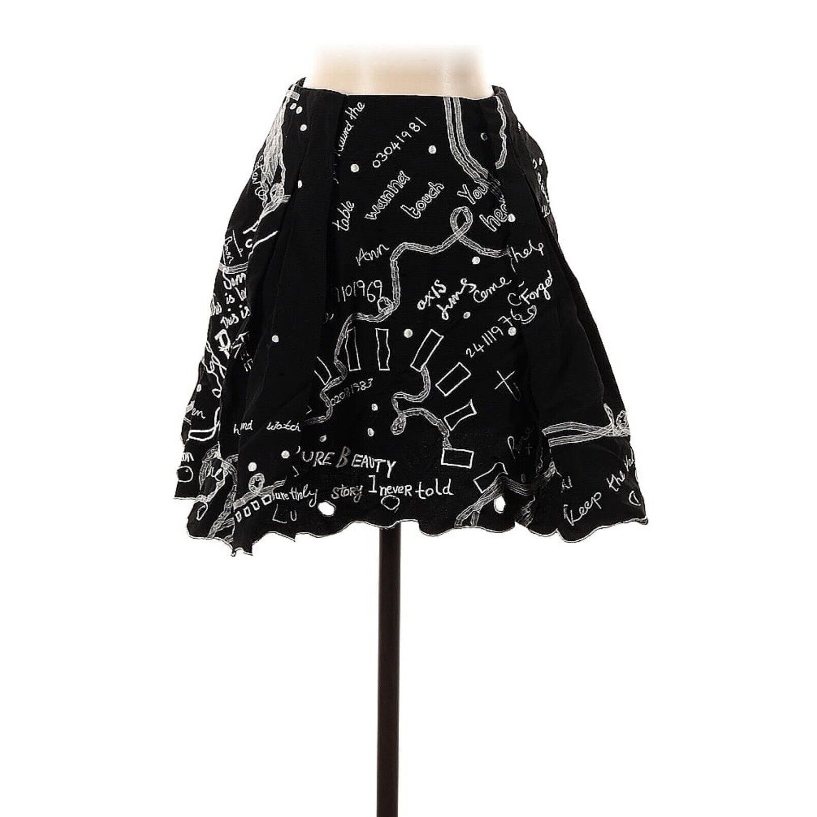 James Long Embroidered Mini Skirt Graffiti Black White Funky Mini Flare Skirt XS