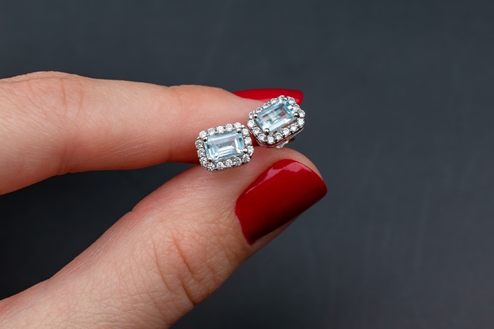 Blue topaz halo earrings, sky blue crystal studs sterling silver