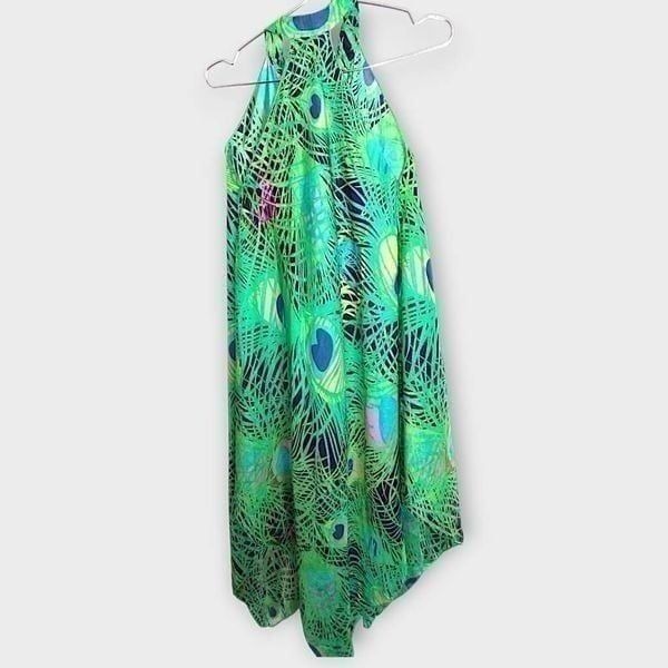 Tunic Womens Dress Sz Large Green Blue Peacock Silk Layers Caftan Boho Mermaid
