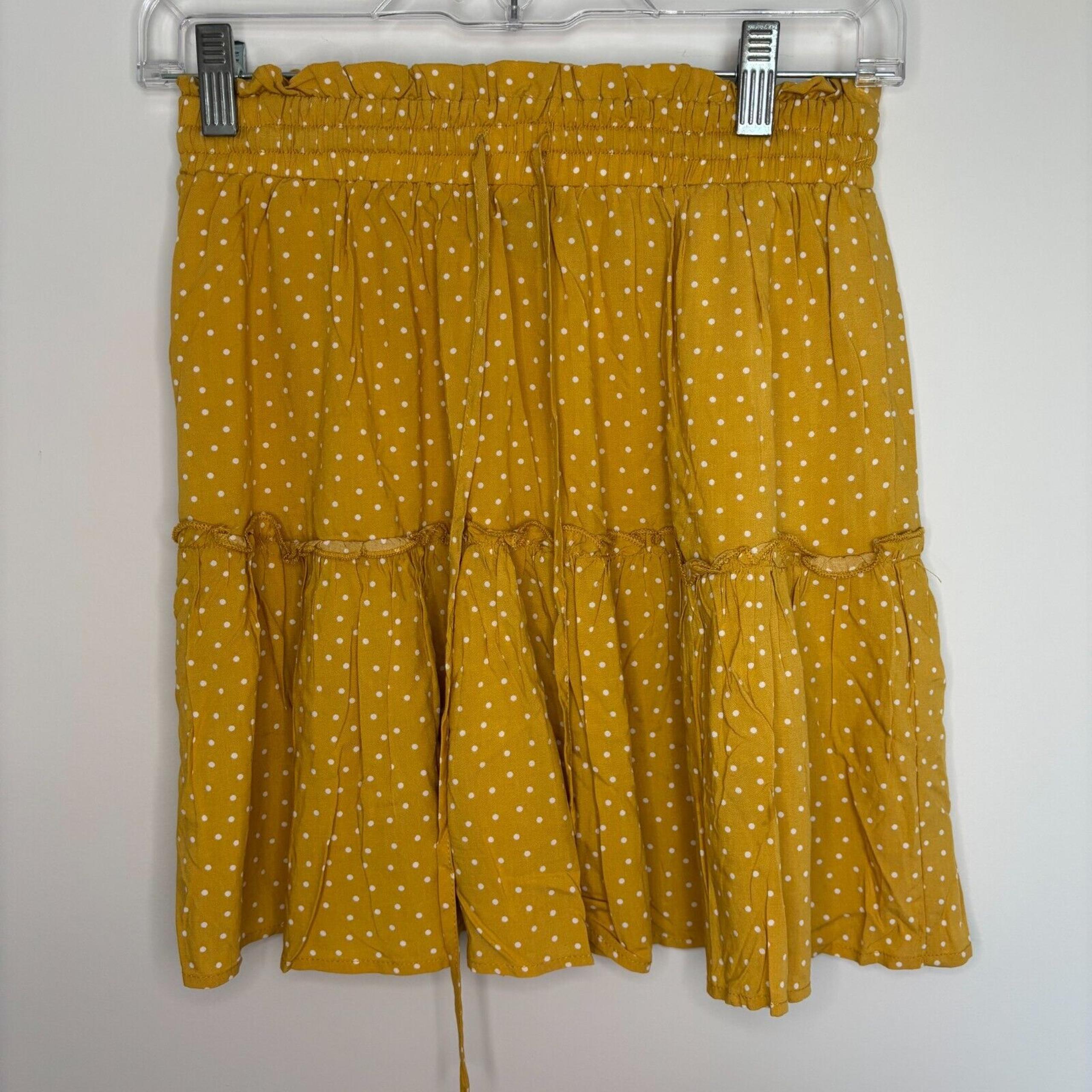 Lulu's Women S Yellow Tiered Ruffle Polka Dot Drawstring Mini Skirt Pockets