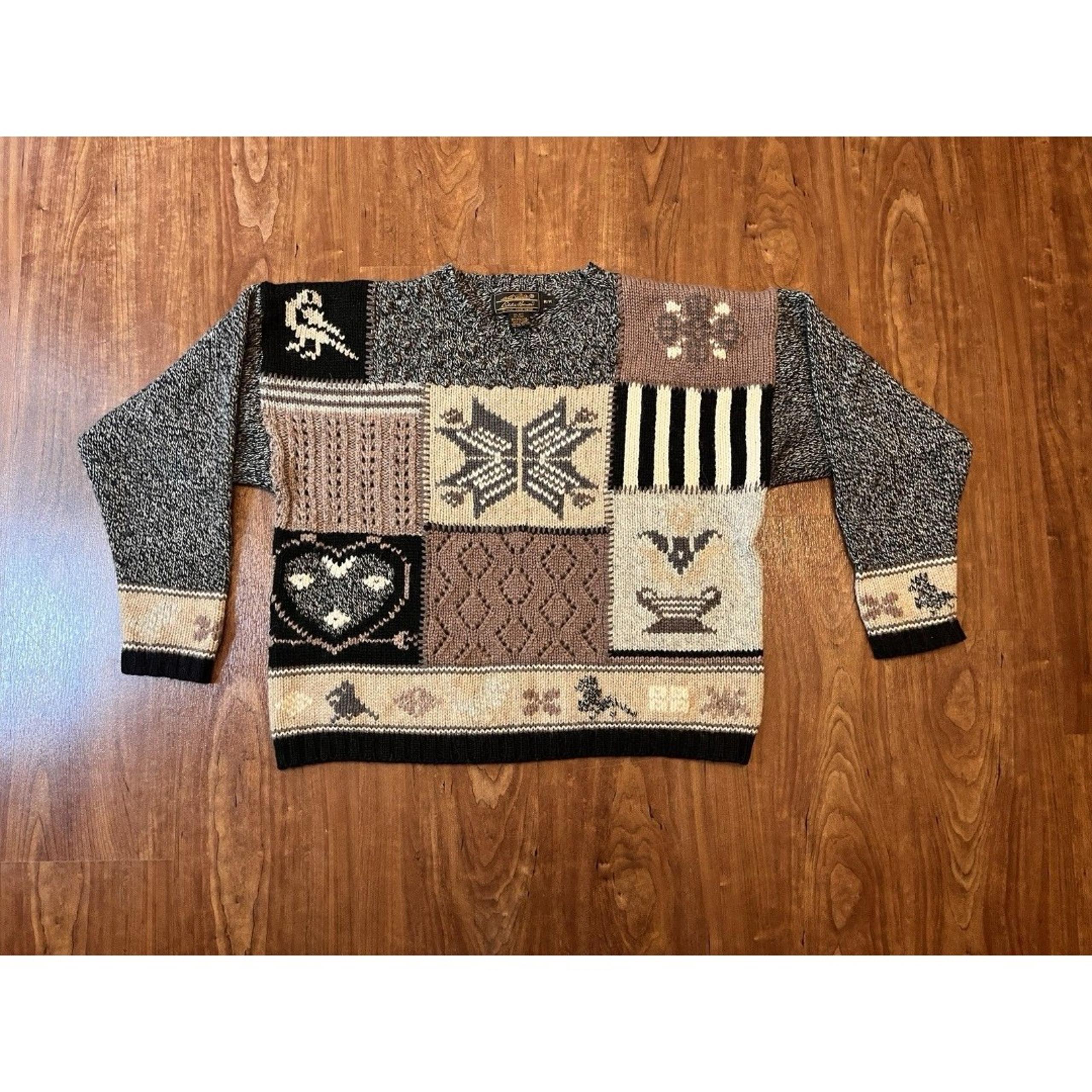 Vtg EDDIE BAUER Women’s Patchwork Knit Wool Pullover Sweater Medium Cottage Core