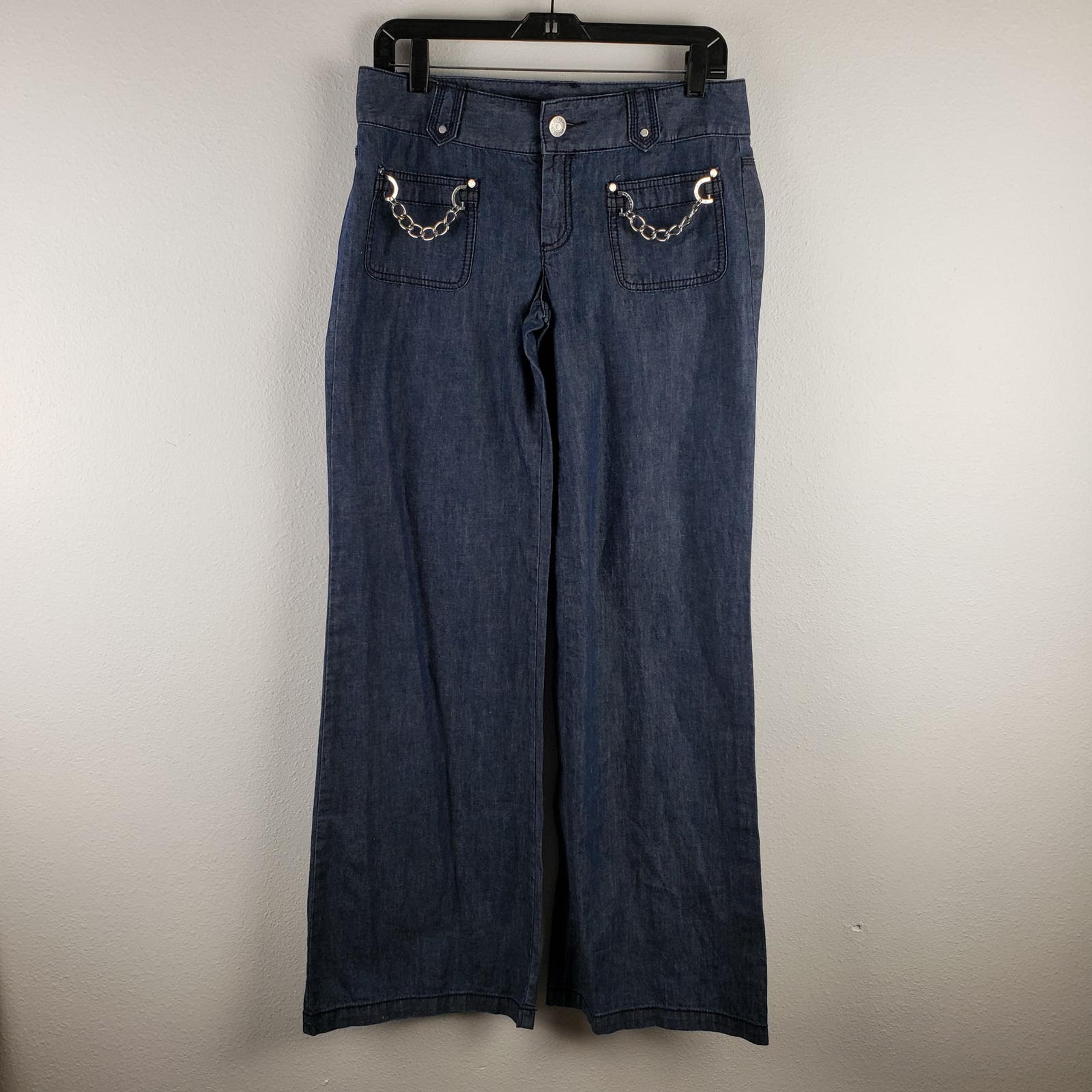 Michael Kors Women's 6 Wide Leg Jeans Dark Wash Linen Blend Denim Chain Detail