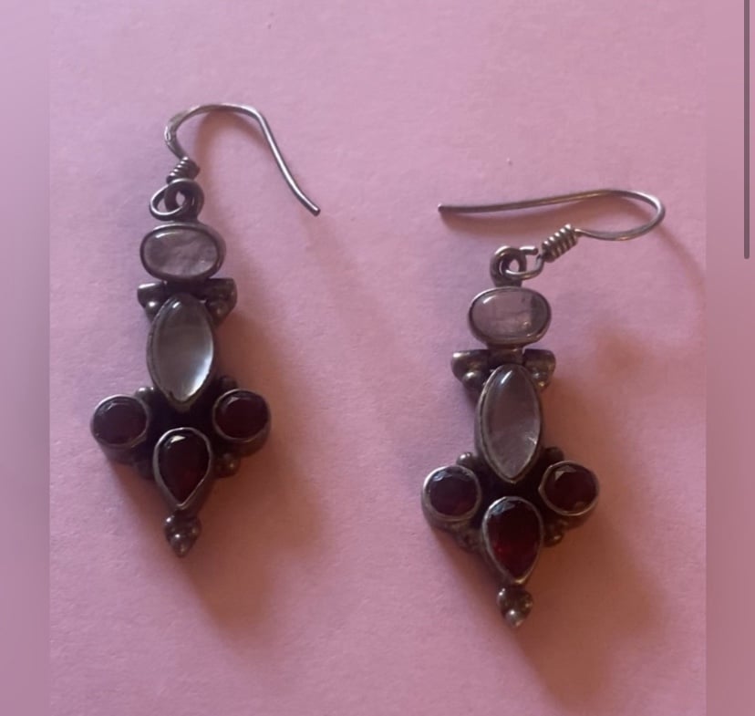 Sterling Silver Garnet Moonstone Pierced Earrings #6602