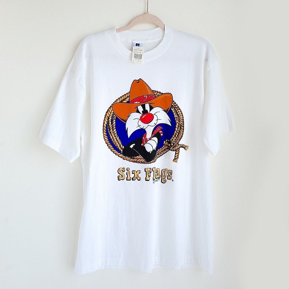 Vtg 1995 Six Flags Sylvester Cowboy Graphic T-Shirt XL Made In USA Single Stitch