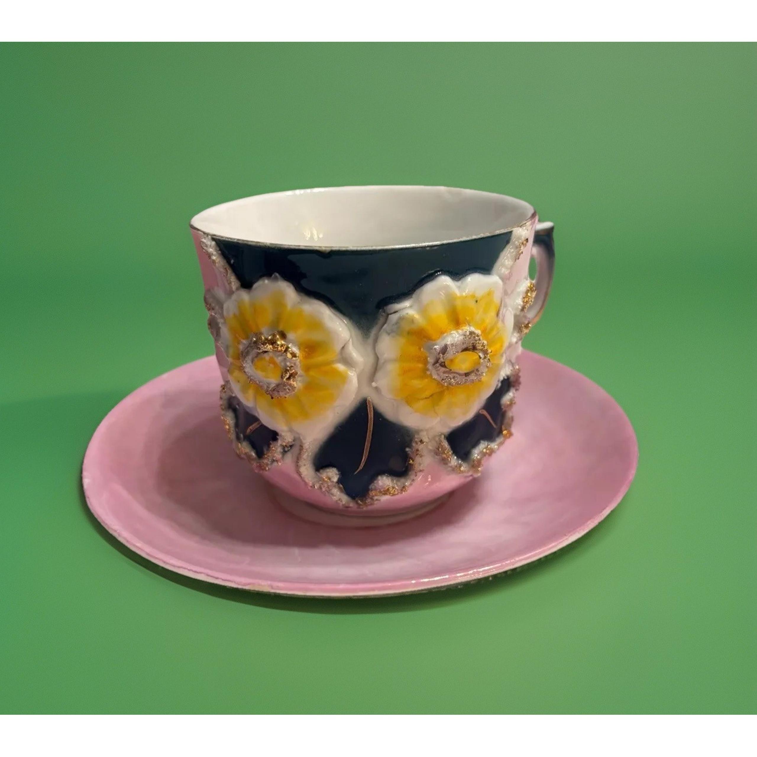 Vintage German Lusterware raised flower mug 3D tea plate MCM Hand Painted Set