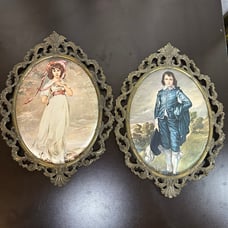 Vintage Italian Fabric Print Wall Art – Blue Boy & Pinkie – Ornate Brass Frames
