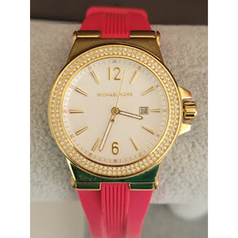 Michael Kors Mini Dylan 33mm Watch Pink Silicone Band Crystal Accents MK2488