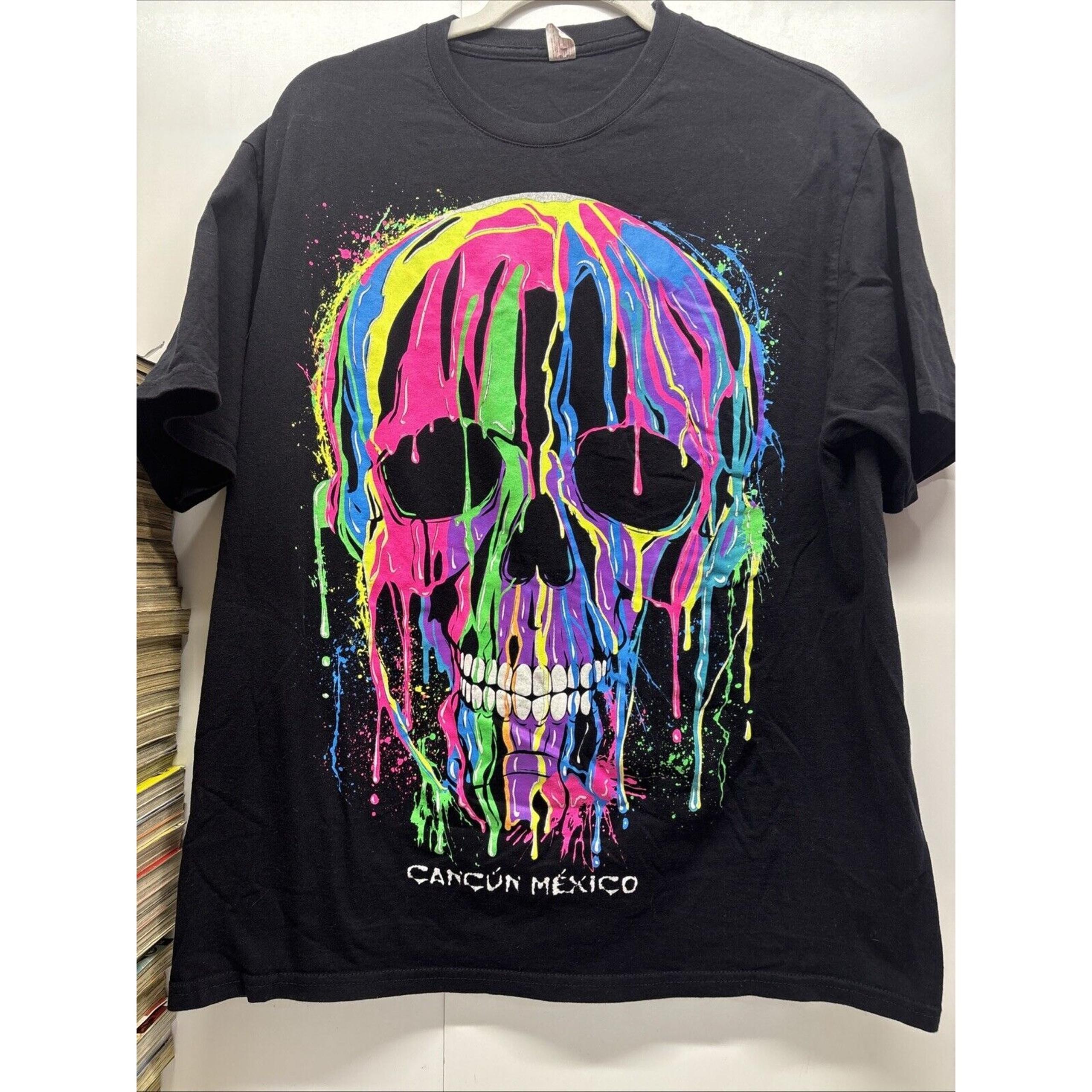 Retro Skull Graphic Multi-colored Neon T-Shirt Black Cancun Men's Size L