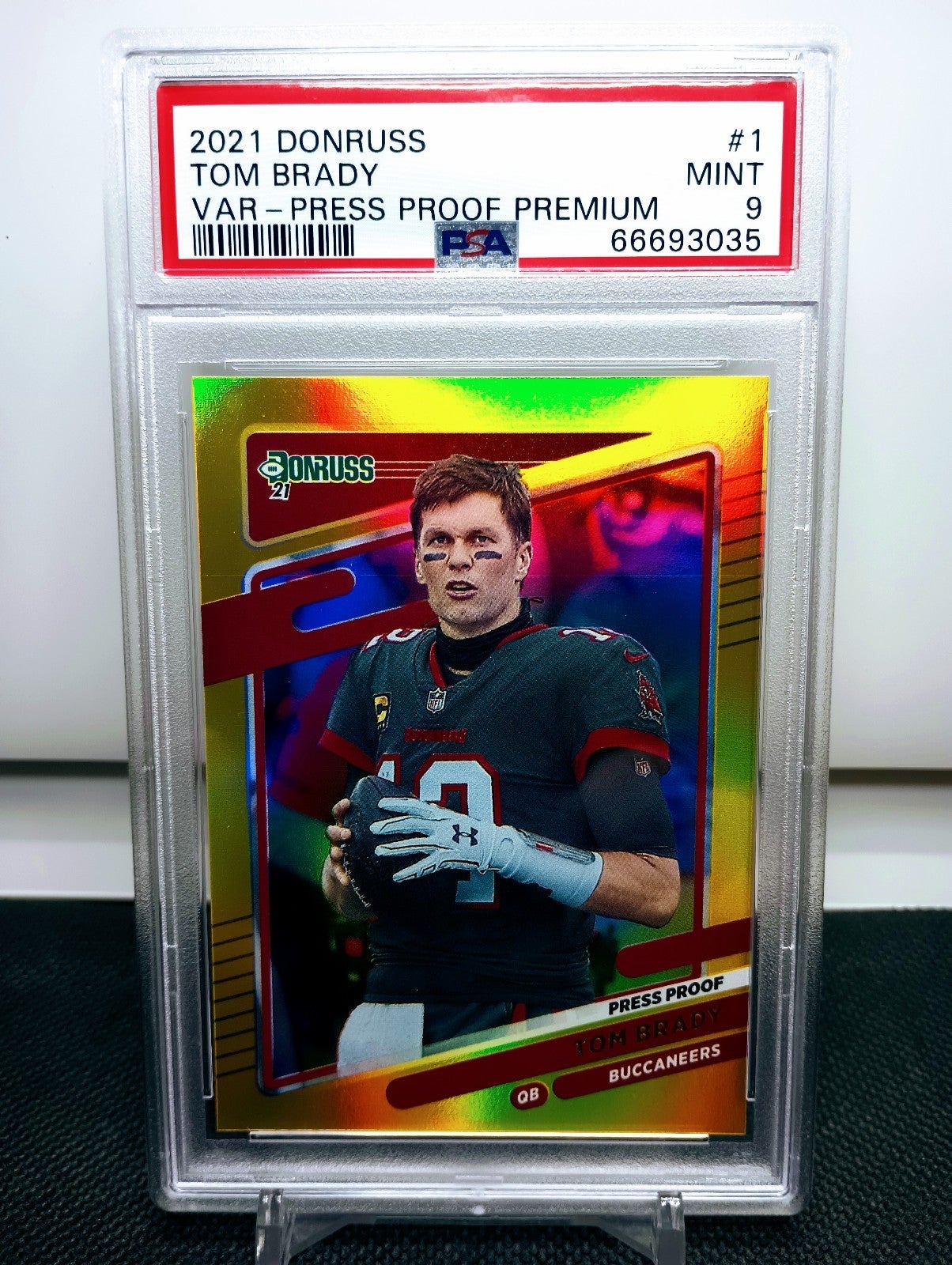 Tom Brady 2021 Donruss No Helmet Premium Press Proof Gold Holo #1 PSA 9 NFL