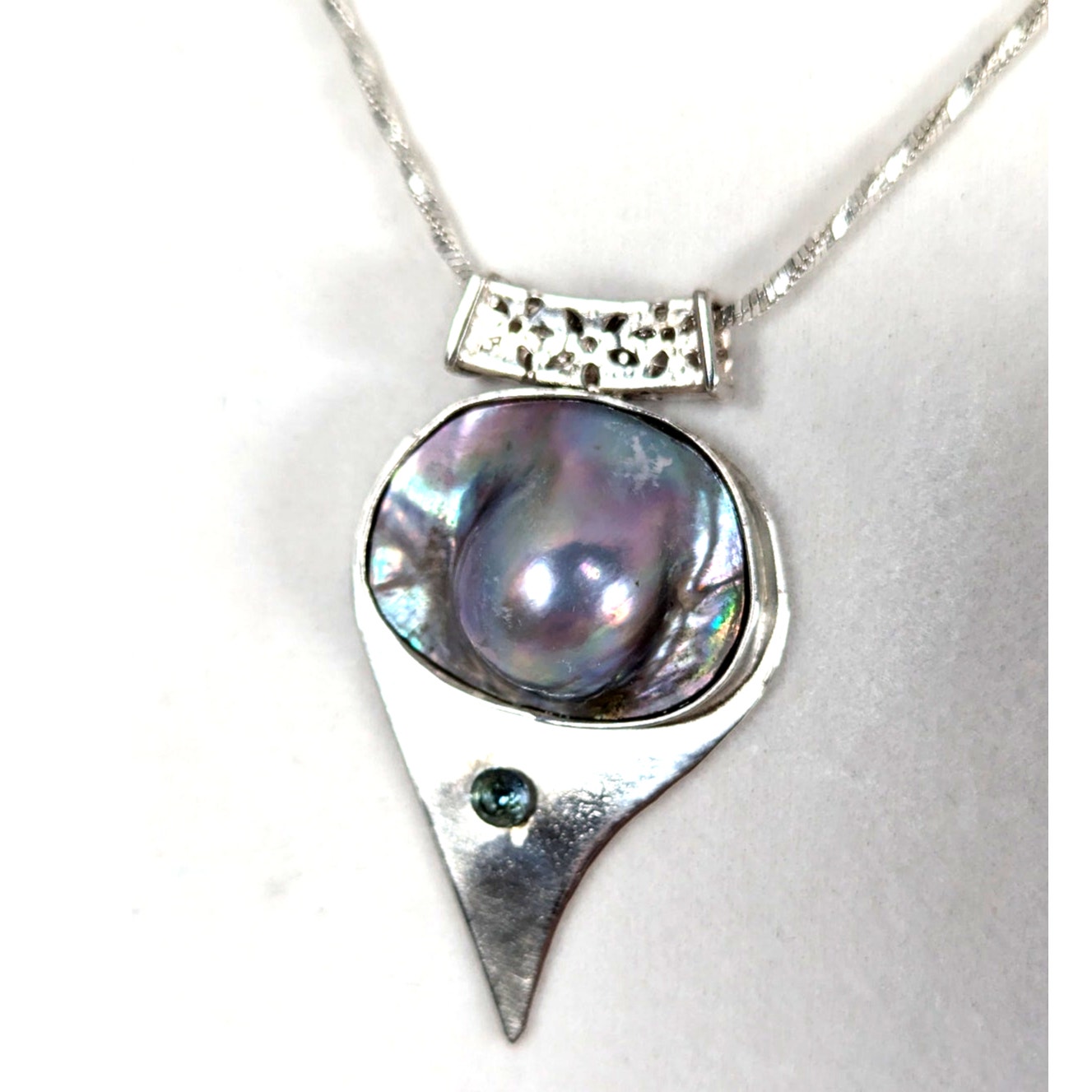 SS Mabe pearl+ blue zircon abstract pendant +19 chainPendant 11/4 x 2 Signed