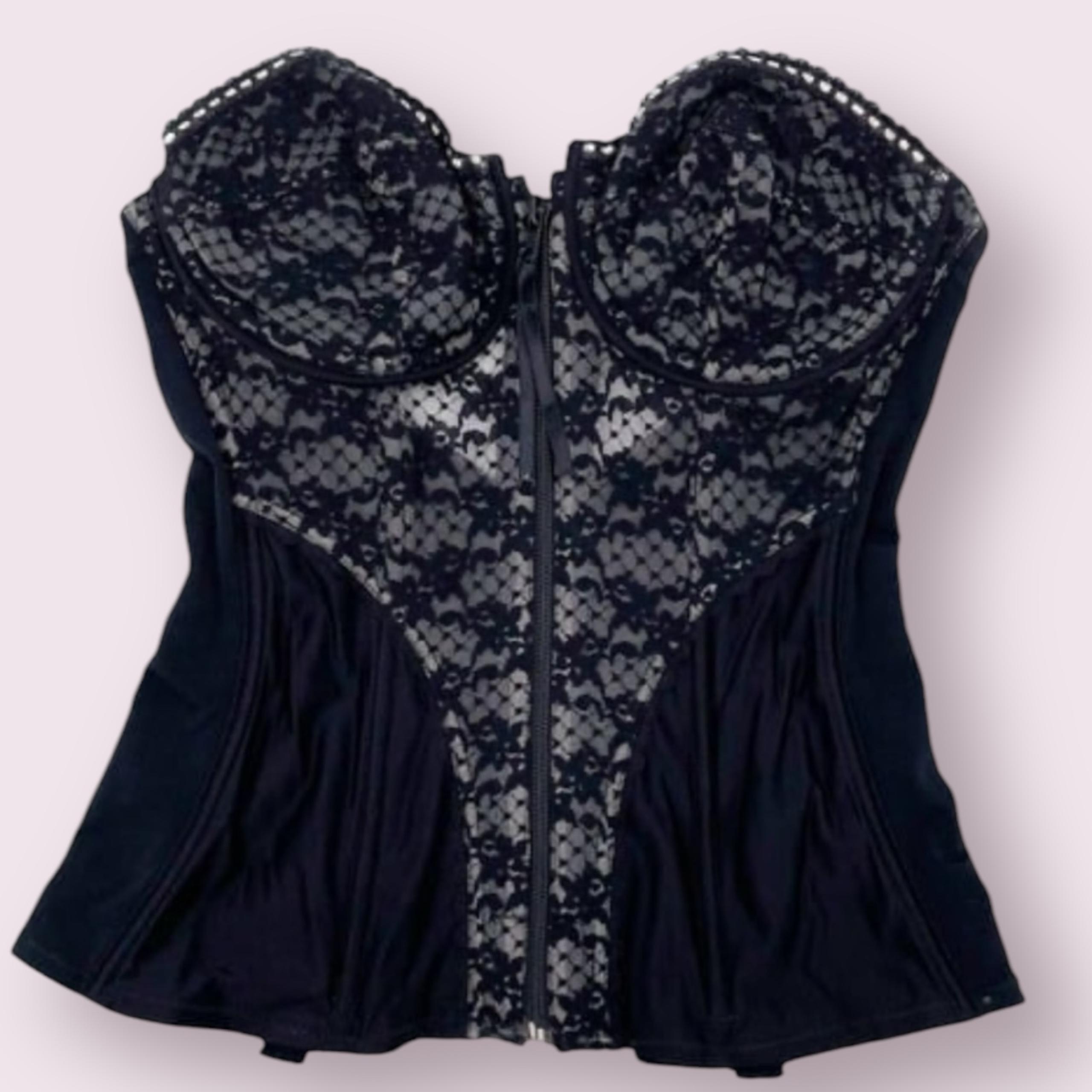 Vintage Adonna 36C black strapless lace longline bustier bra