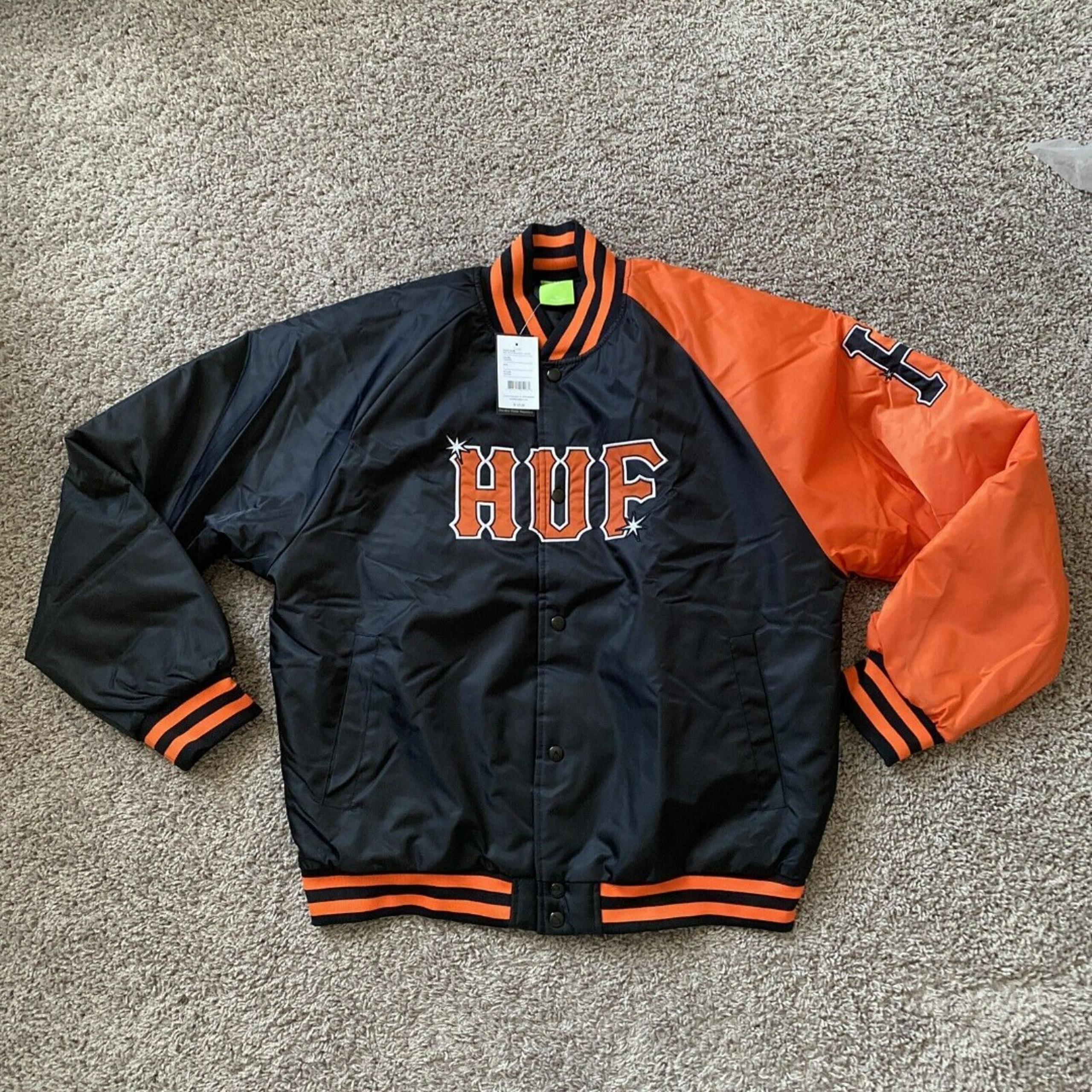 Huf Varsity Bomber Baseball Jacket Men's Sz L Black Orange Big Logo Streetwear