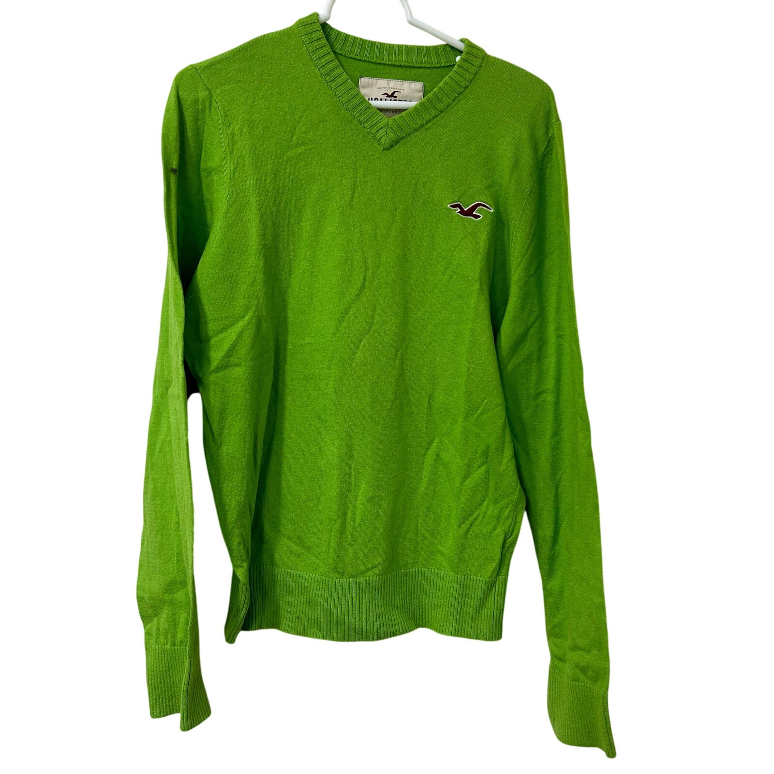 Hollister Vtg Men Sz Large Lime Green Wool Blend V Neck Sweater Logo Y2K Preppy