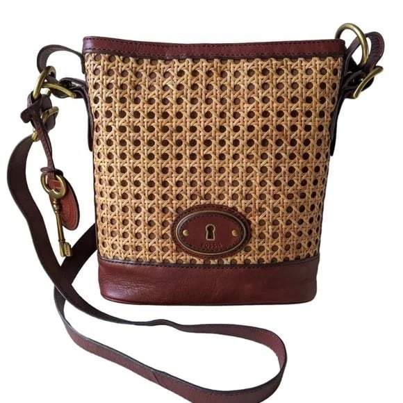 Fossil Vintage Reissue Cane Wicker & Leather Bucket Crossbody Bag