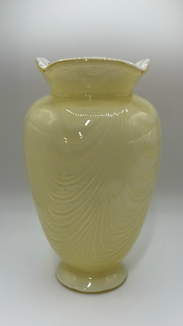 Fenton Glass Yellow Overlay Cased 7 Feather DraperyVase