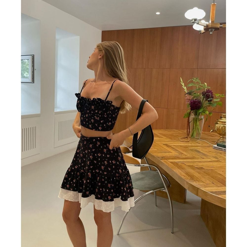 Commense Floral Two-Piece Crop Top and Skirt Set Summer Party Outfit Size Small
