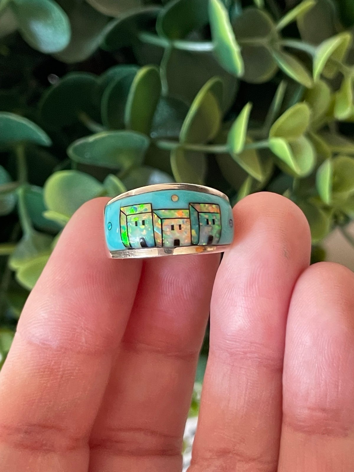 Sterling Silver The Three Dwellings Turquoise and Red Fire Opal band ring sz 7