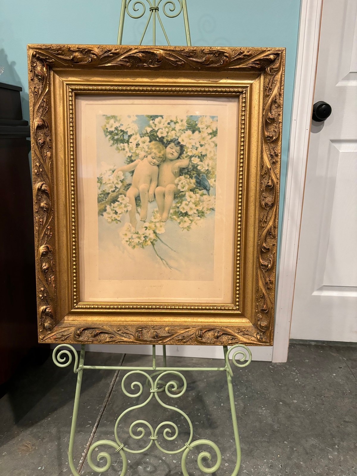 Antique Besse Pease Guttman cherub angel picture in ornate gold wood frame