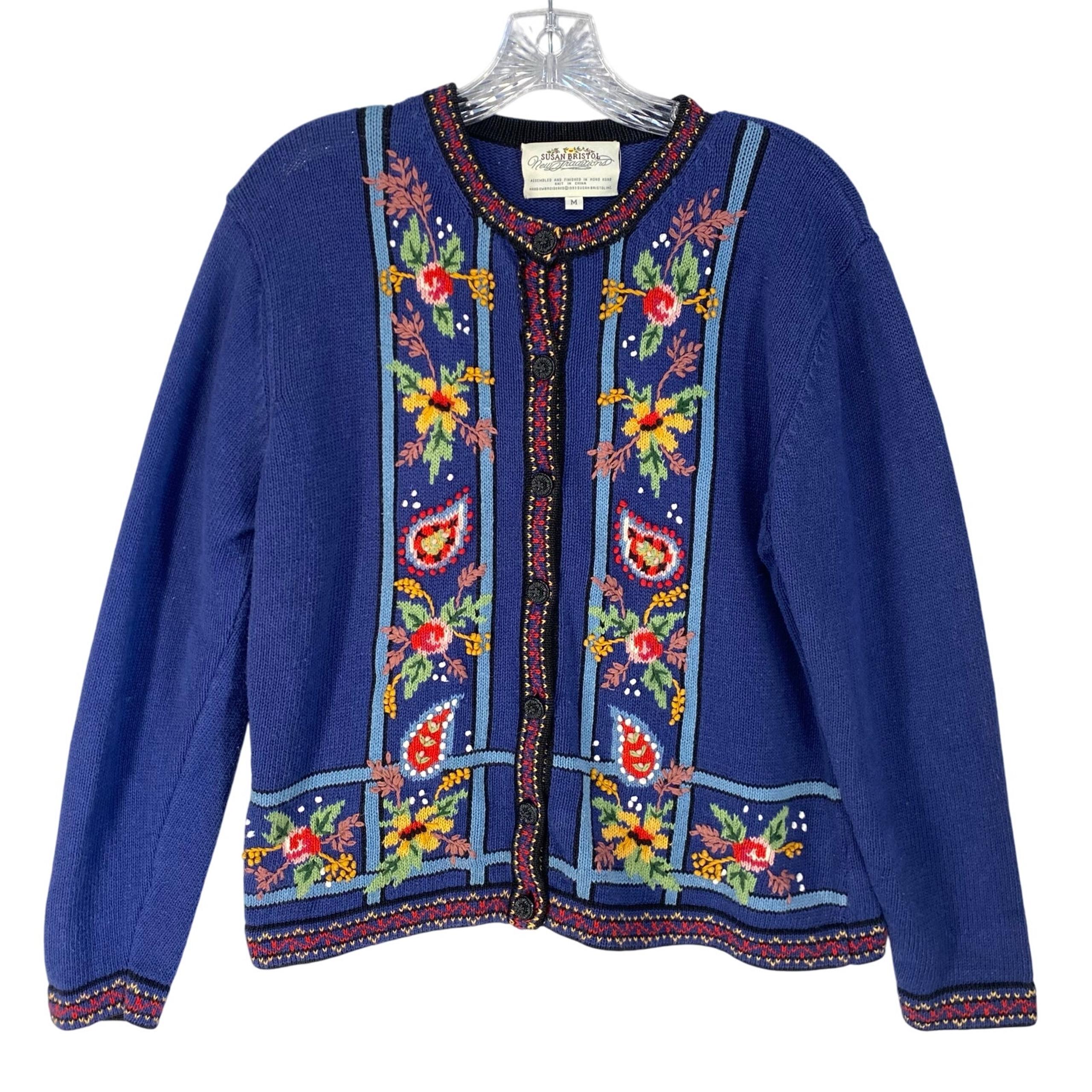 Susan Bristol Cardigan Sweater Women’s M Blue Floral Cottagecore Boho