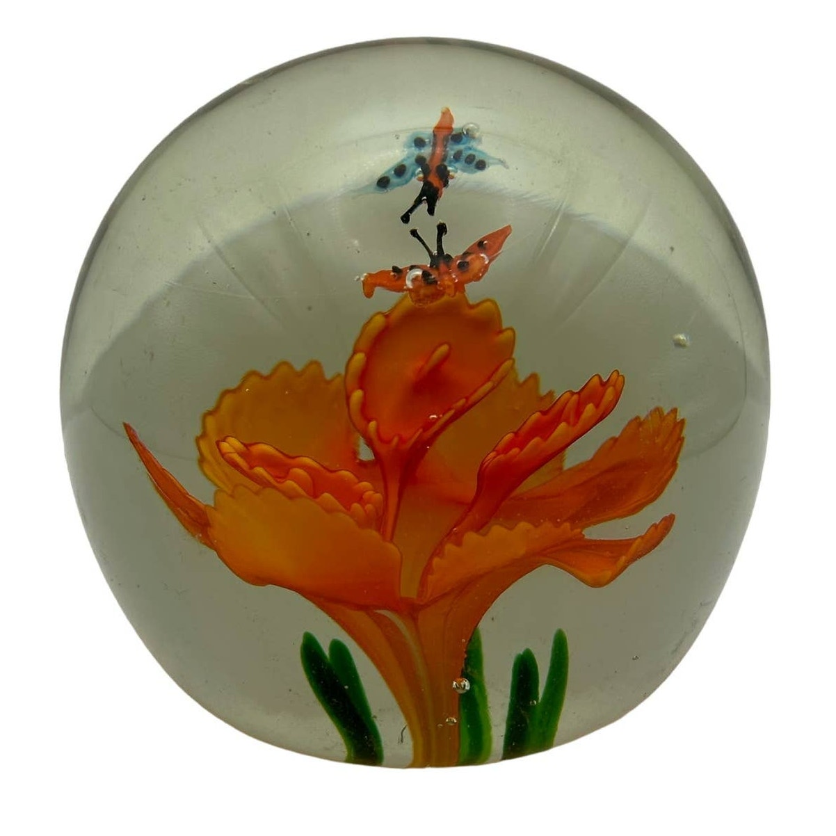 Large Handblown 3 Paperweight Butterflies And Flowers Green Blue Floral