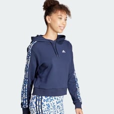 Adidas Woman's LARGE Essentials 3-Striped Animal Print Relaxed Hoodie Navy NWT