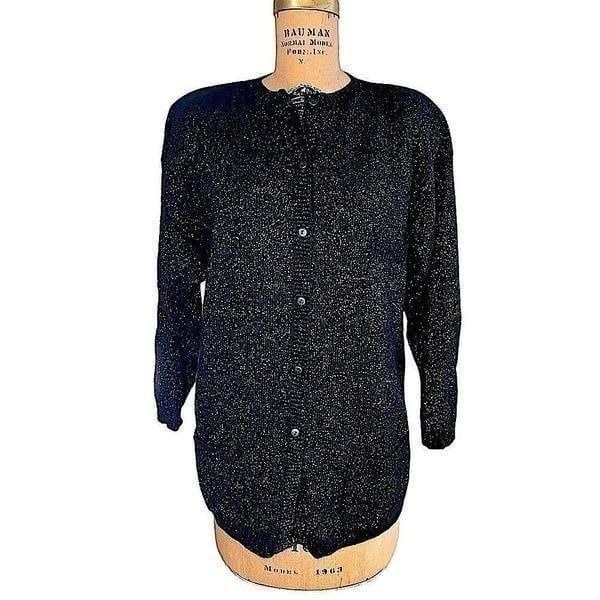 Vintage 80s Carducci Black Lambswool cardigan with gold and green sparkle Medium