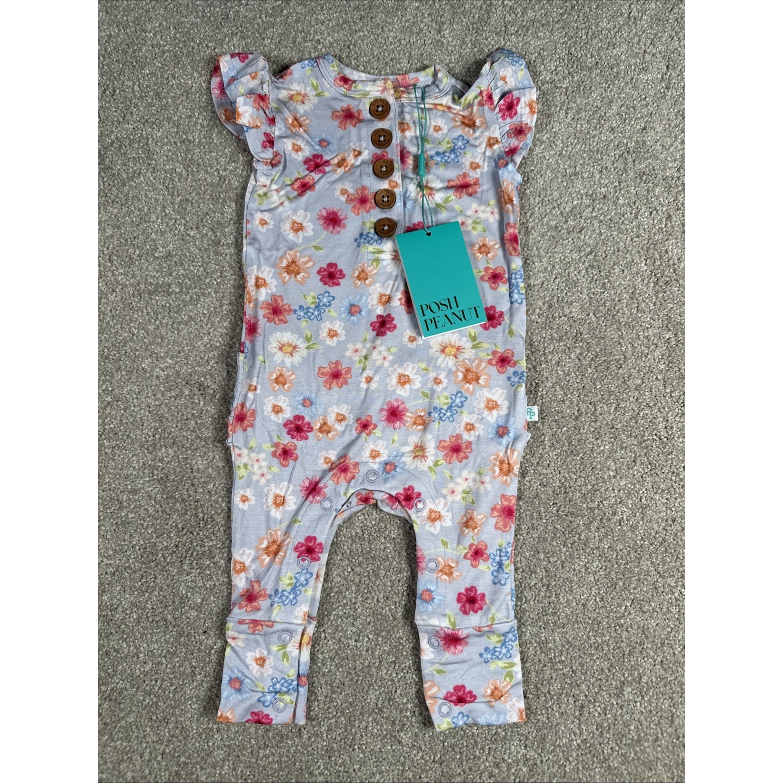 Posh Peanut Carissa Ruffled Capsleeve Henley romper 0-3 months Flowers Floral PP