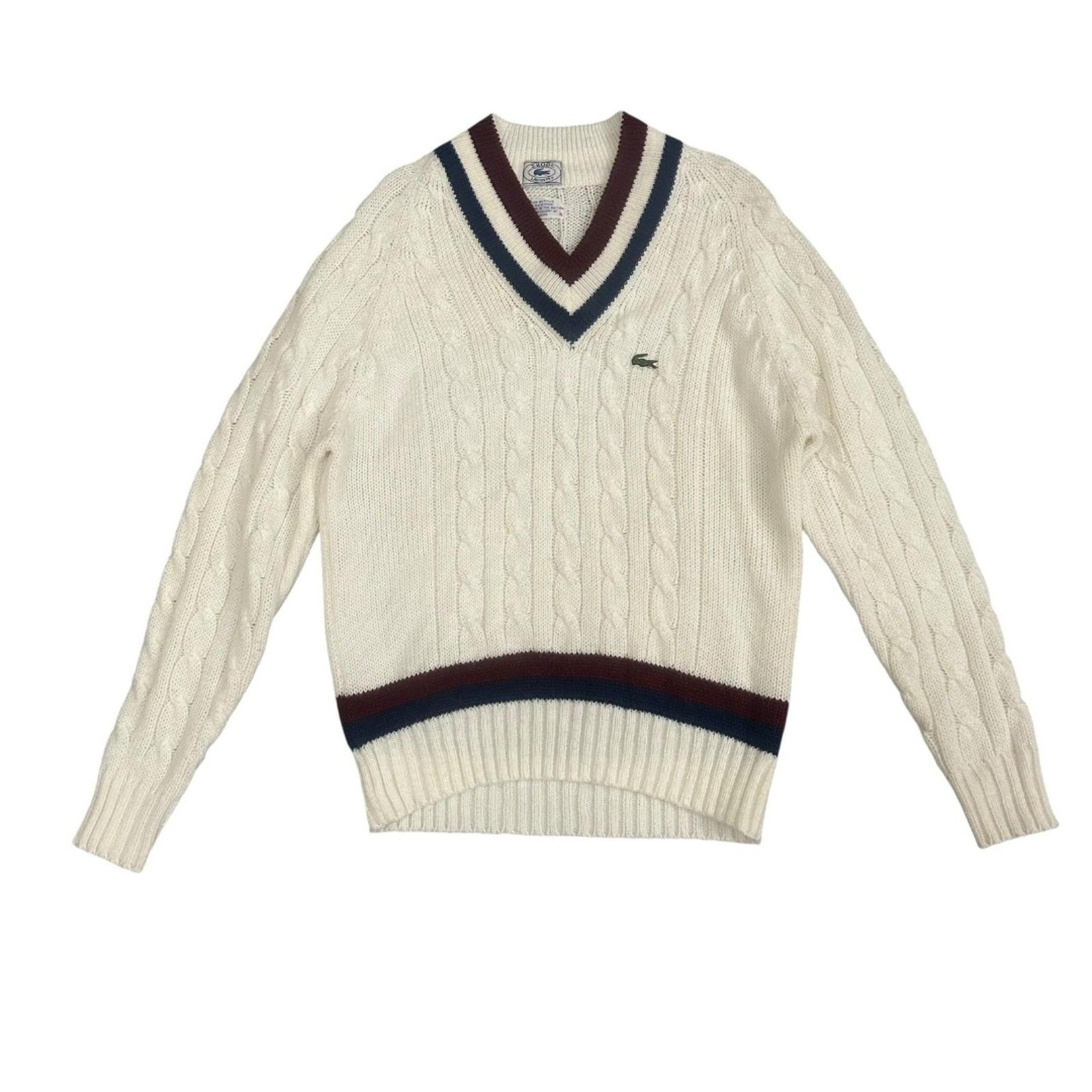 Vintage Izod Lacoste Sweater Mens XL White Cable Knit V Neck Cricket Tennis 80s