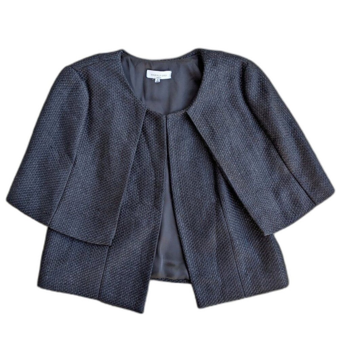 Anthro Waverly Grey Black Cape Jacket, Textured Cotton Fabric, Front Hooks sz. 8