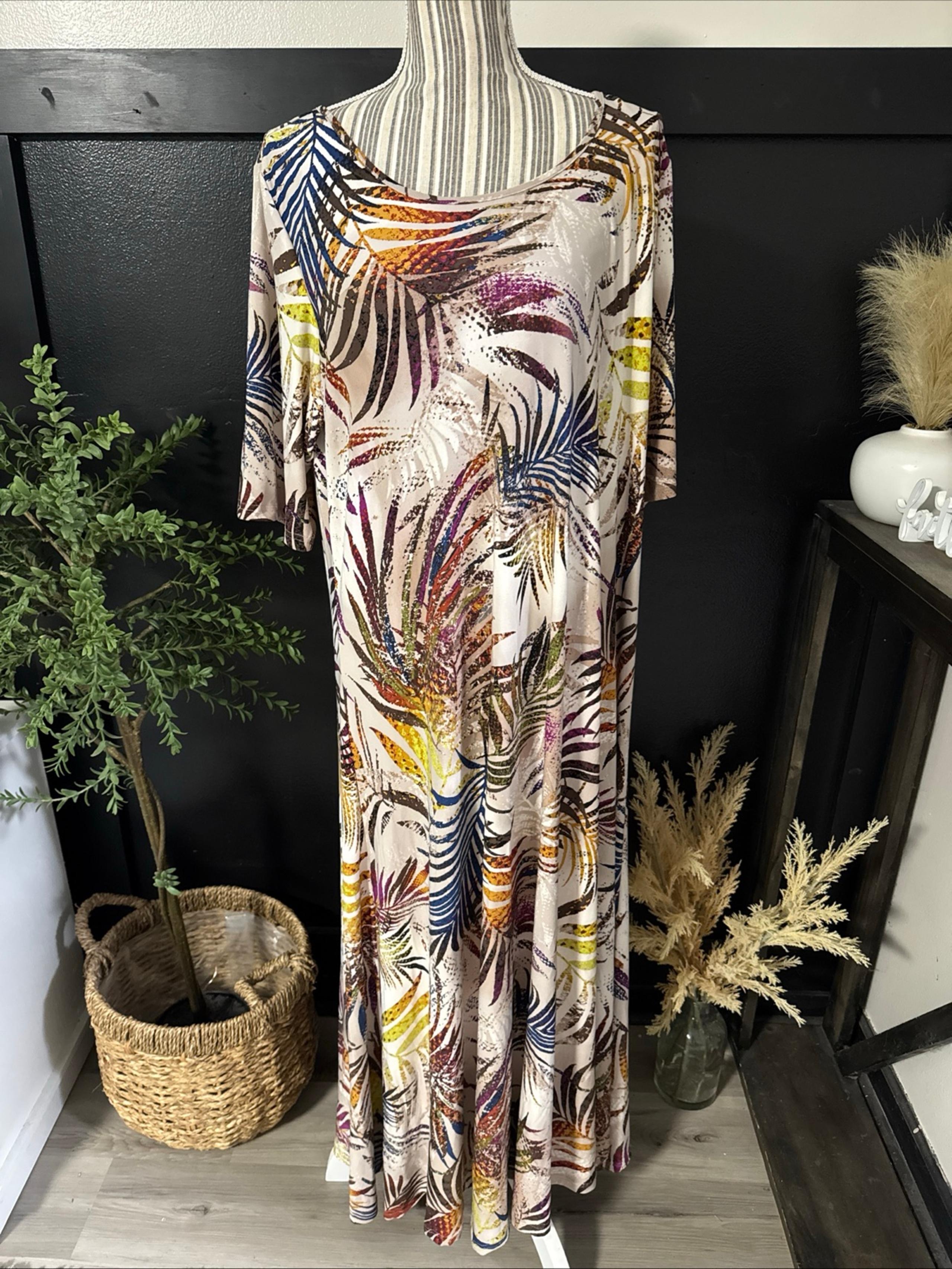 NWT Attitudes by Renee Multicolor Tropical Leaf Print 1XL Maxi Dress