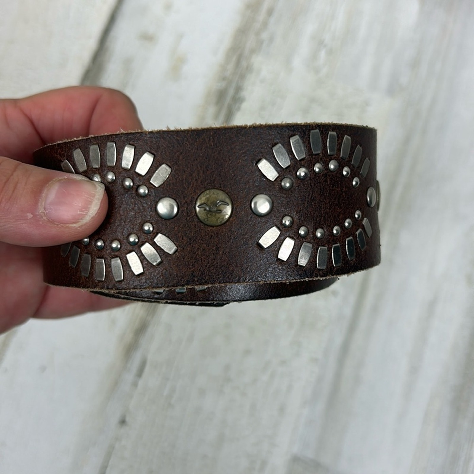 Hollister womens medium brown leather boho belt silver buckle retro wide